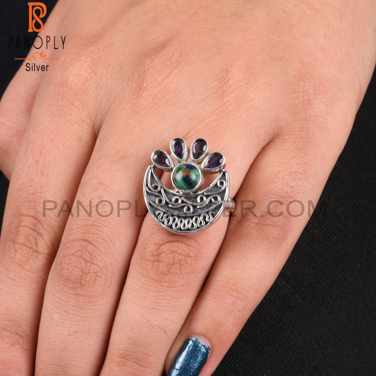 Iolite & Mojave Copper Azurite Malachite 925 Silver Ring