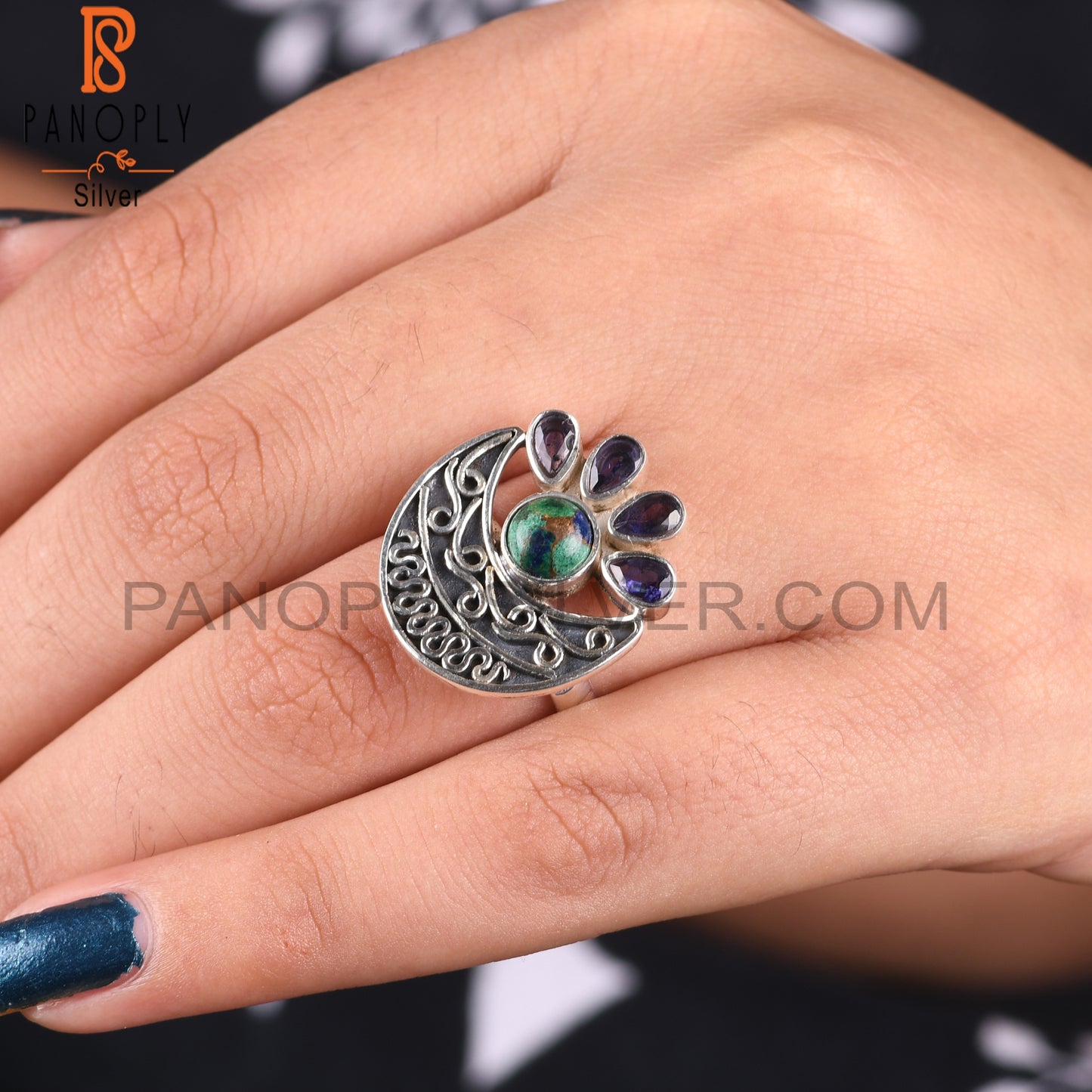 Iolite & Mojave Copper Azurite Malachite 925 Silver Ring