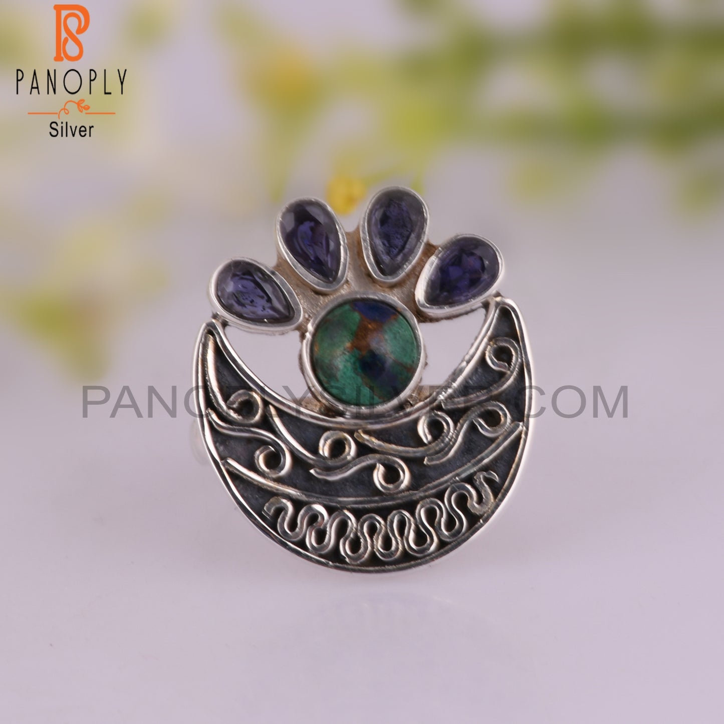 Iolite & Mojave Copper Azurite Malachite 925 Silver Ring