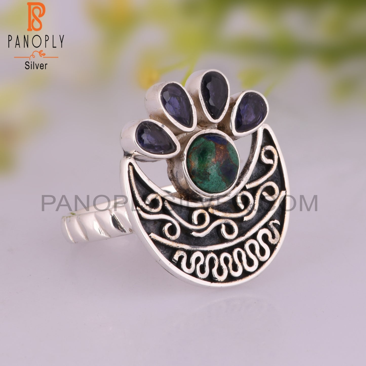Iolite & Mojave Copper Azurite Malachite 925 Silver Ring