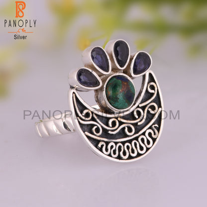 Iolite & Mojave Copper Azurite Malachite 925 Silver Ring
