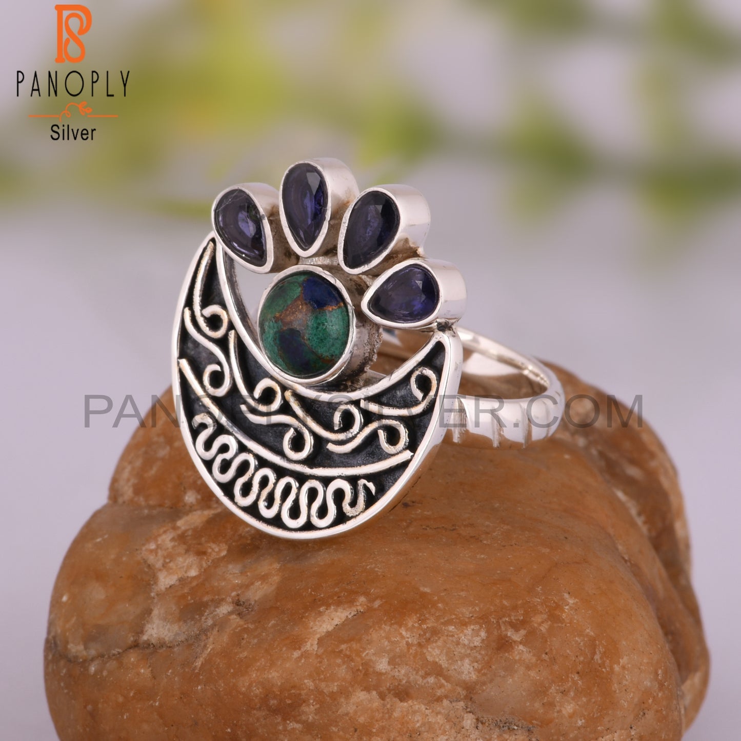 Iolite & Mojave Copper Azurite Malachite 925 Silver Ring
