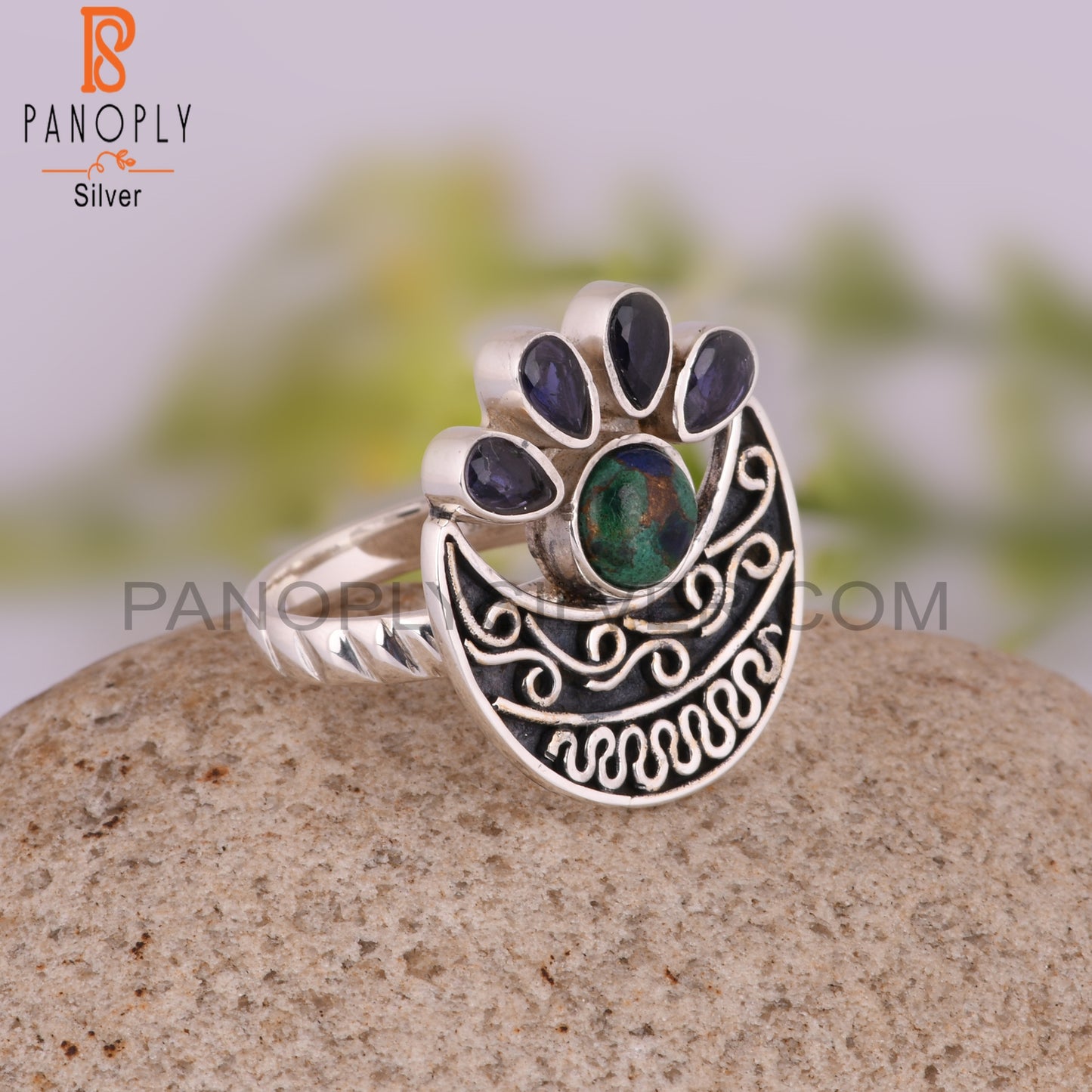 Iolite & Mojave Copper Azurite Malachite 925 Silver Ring