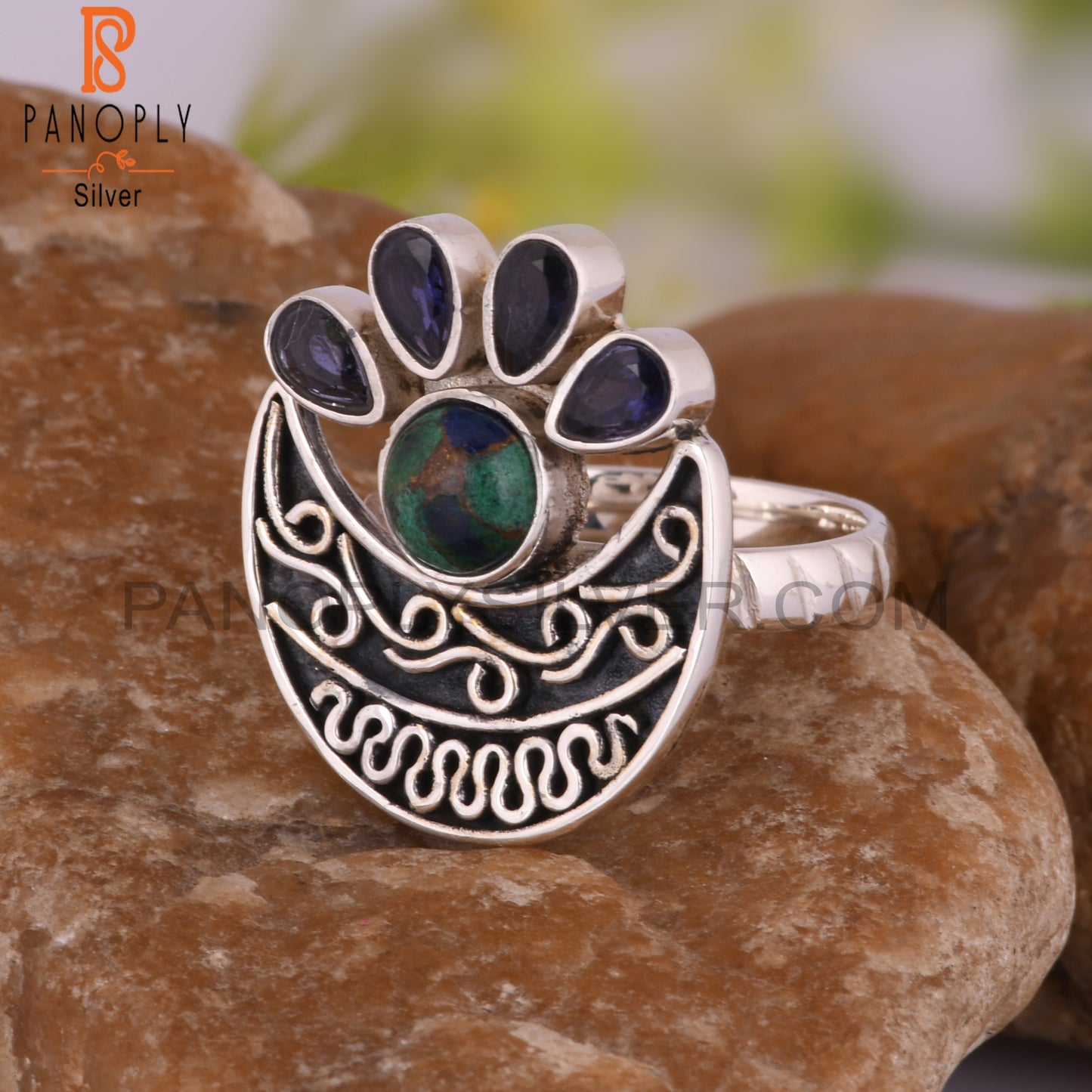 Iolite & Mojave Copper Azurite Malachite 925 Silver Ring