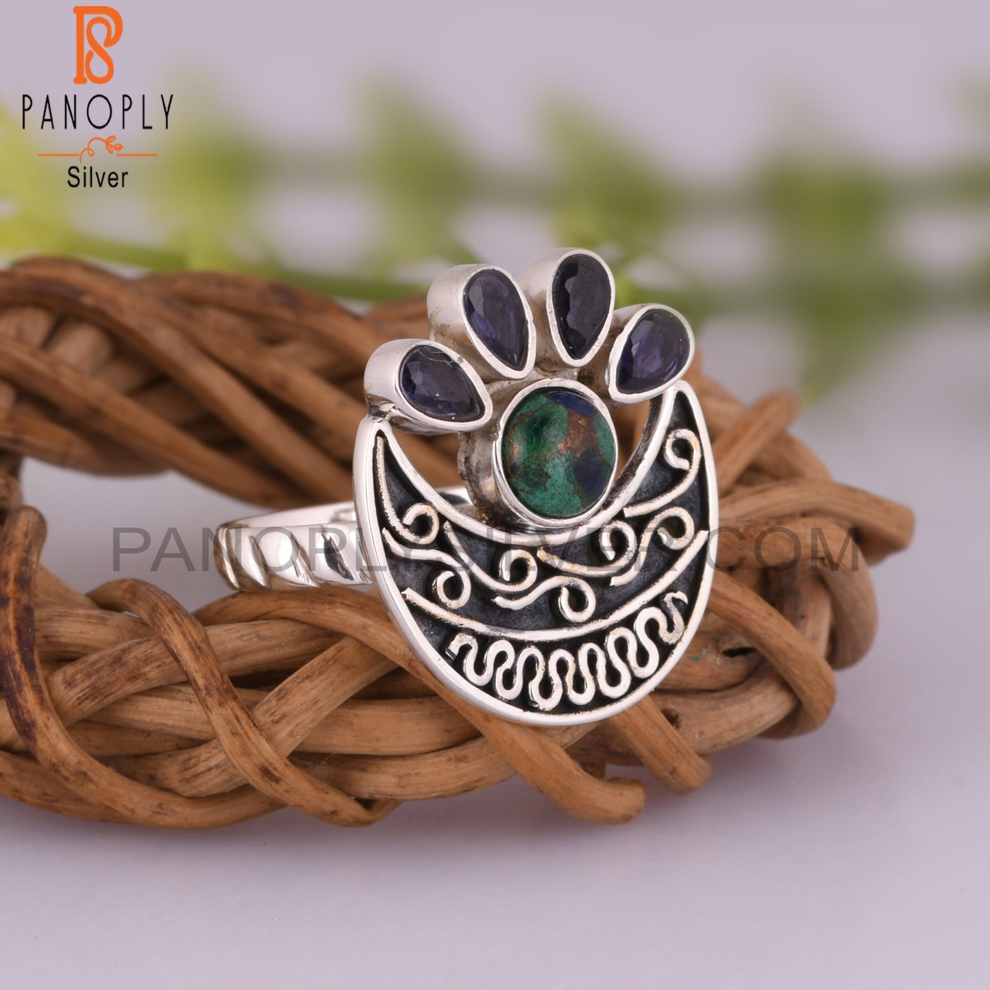 Iolite & Mojave Copper Azurite Malachite 925 Silver Ring