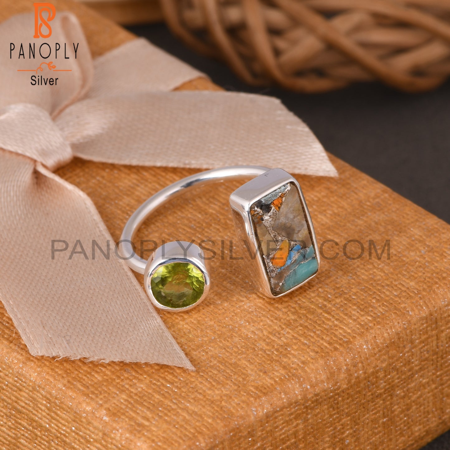 Mojave Copper Bumblebee Turquoise & Peridot 925 Silver Ring