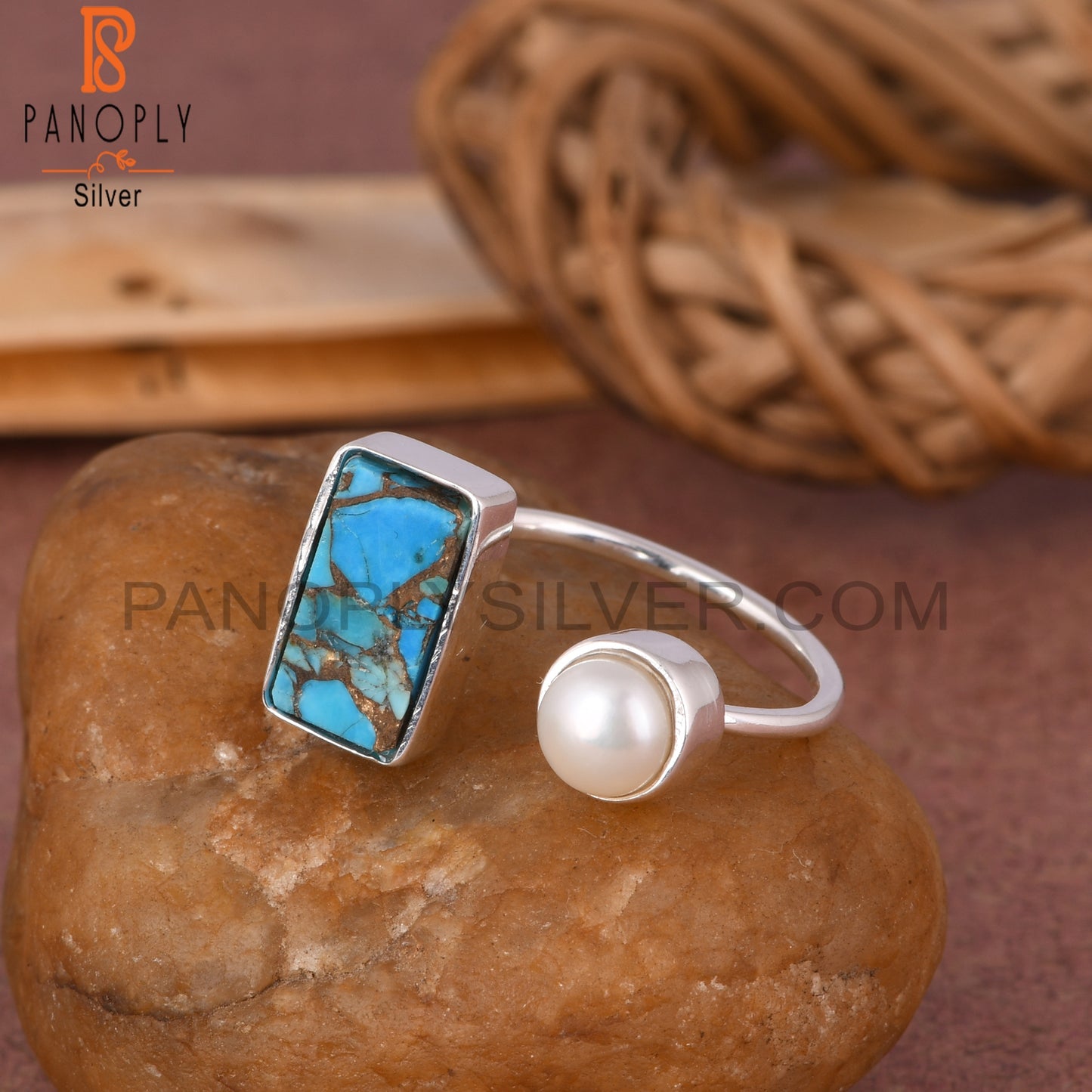 Mojave Copper Turquoise & Pearl 925 Sterling Silver Ring