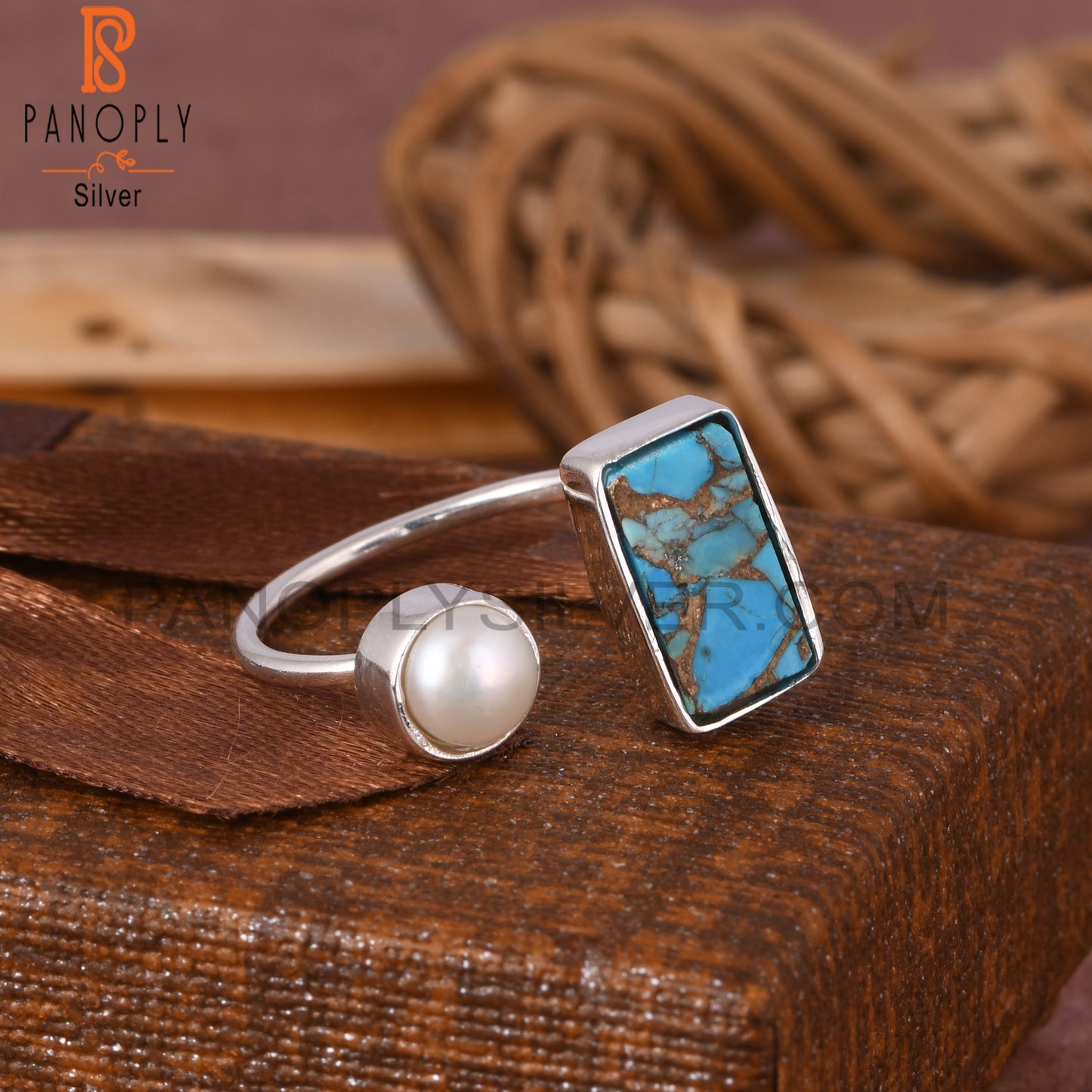 Mojave Copper Turquoise & Pearl 925 Sterling Silver Ring