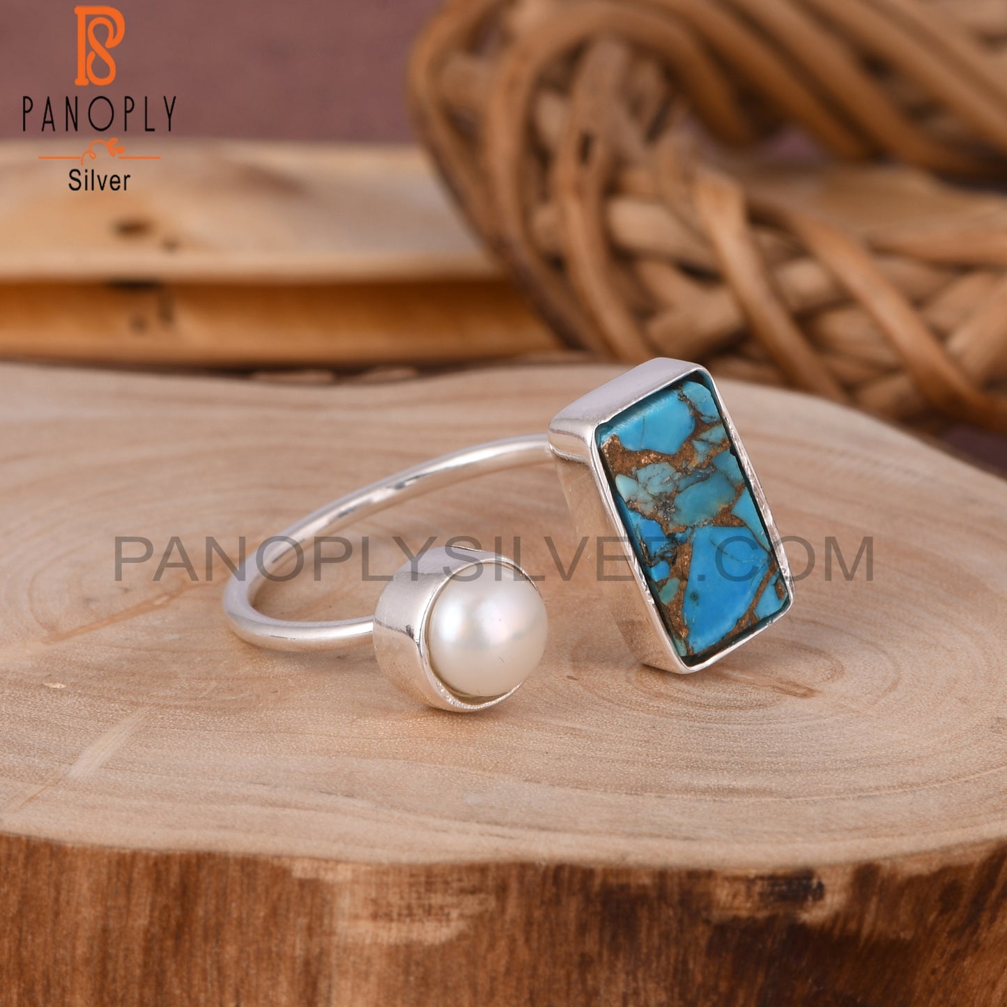 Mojave Copper Turquoise & Pearl 925 Sterling Silver Ring