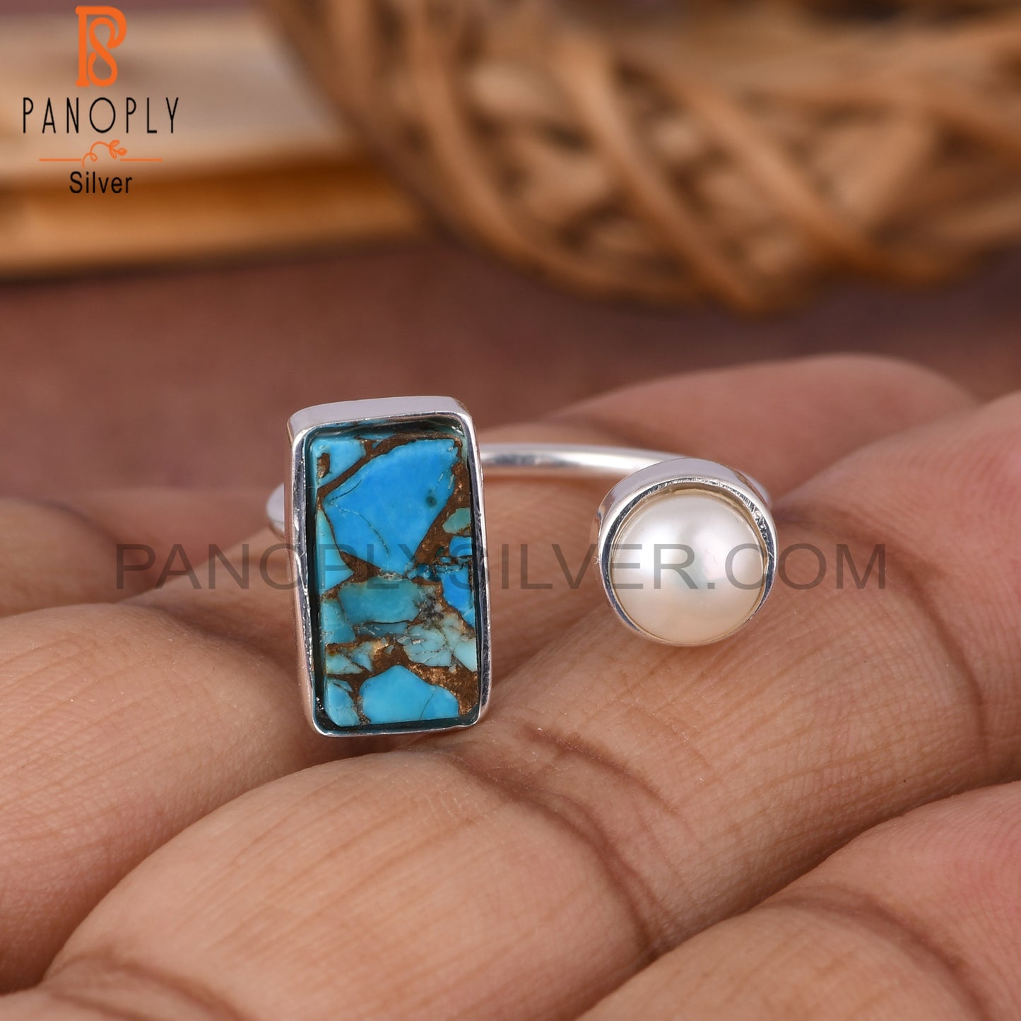 Mojave Copper Turquoise & Pearl 925 Sterling Silver Ring