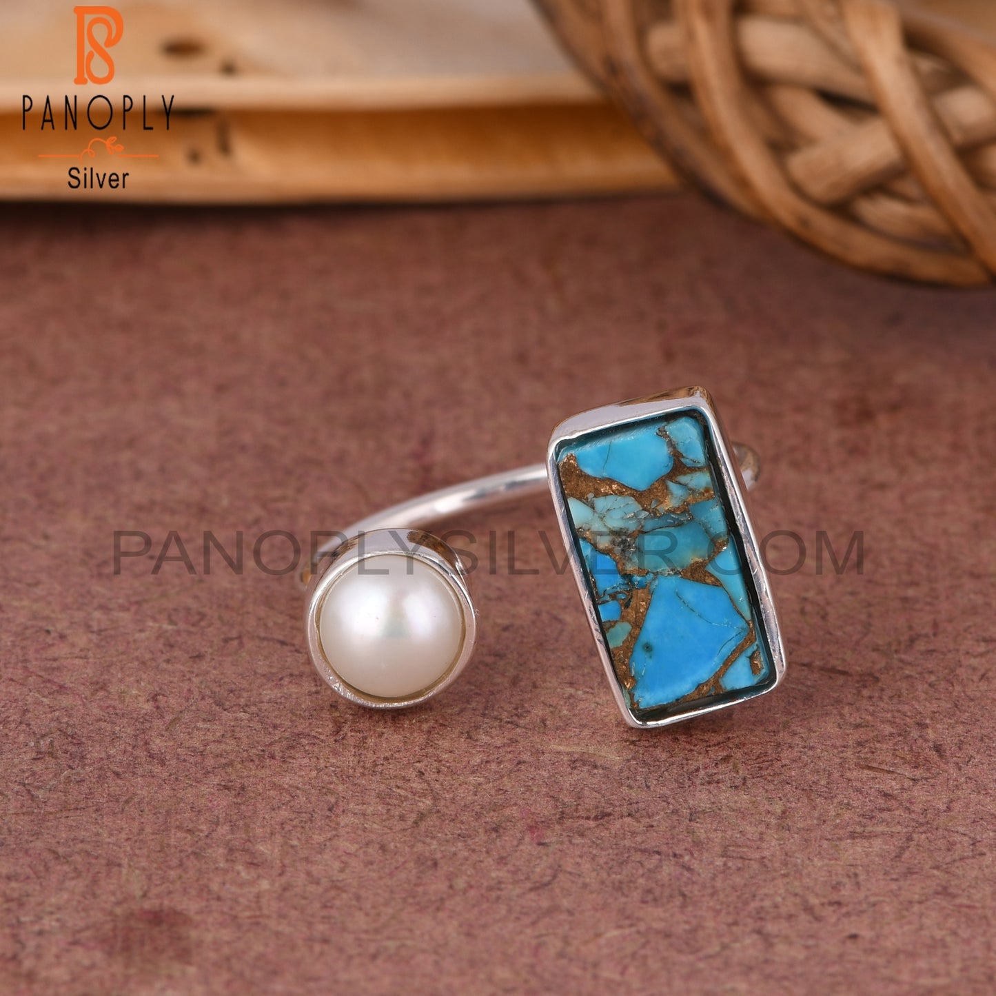 Mojave Copper Turquoise & Pearl 925 Sterling Silver Ring
