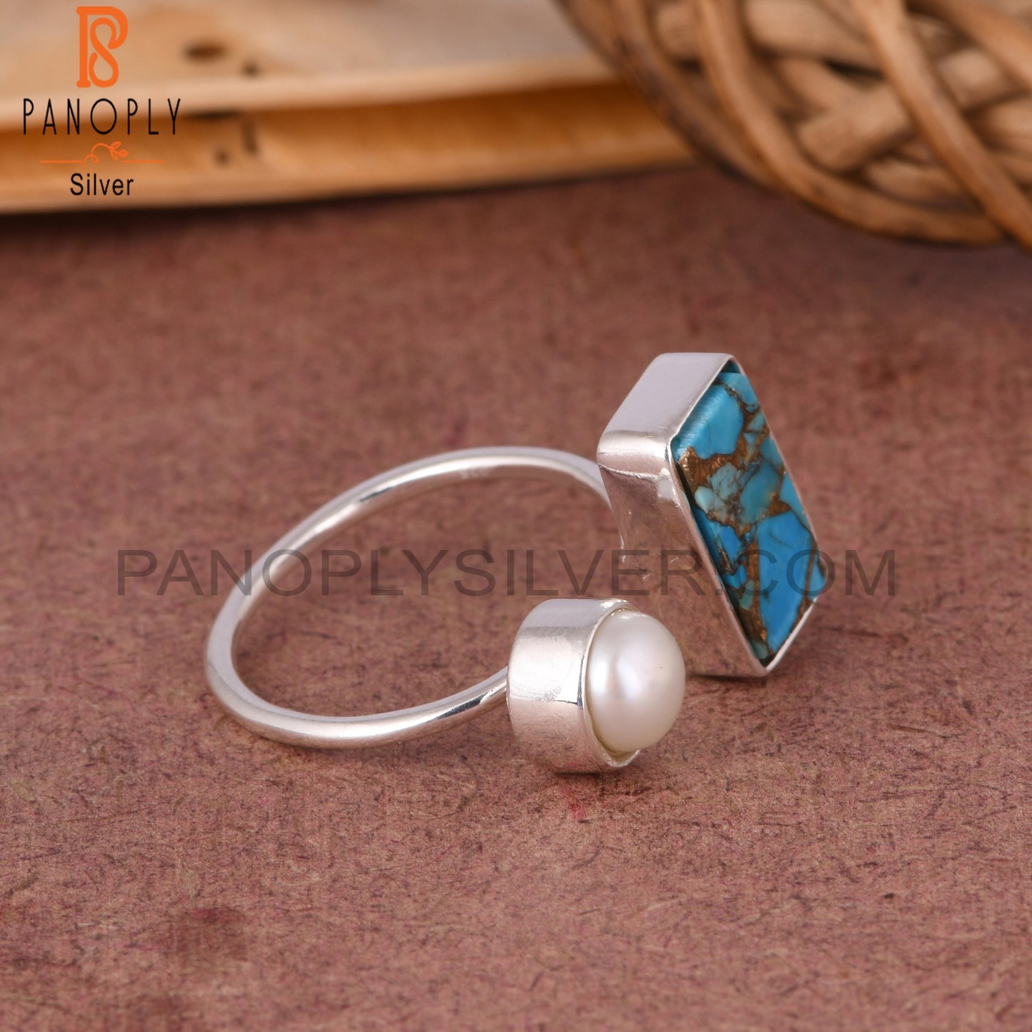 Mojave Copper Turquoise & Pearl 925 Sterling Silver Ring