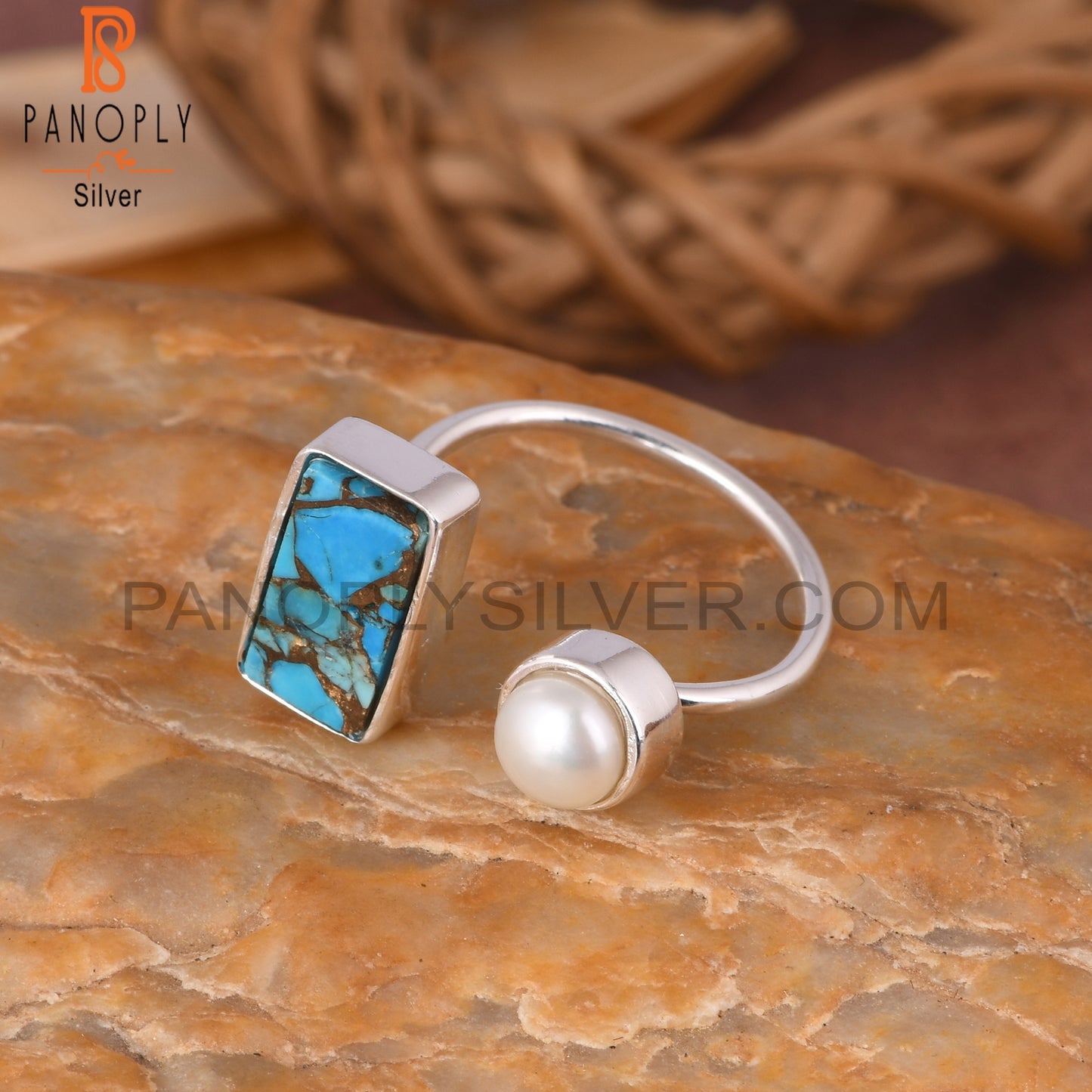 Mojave Copper Turquoise & Pearl 925 Sterling Silver Ring
