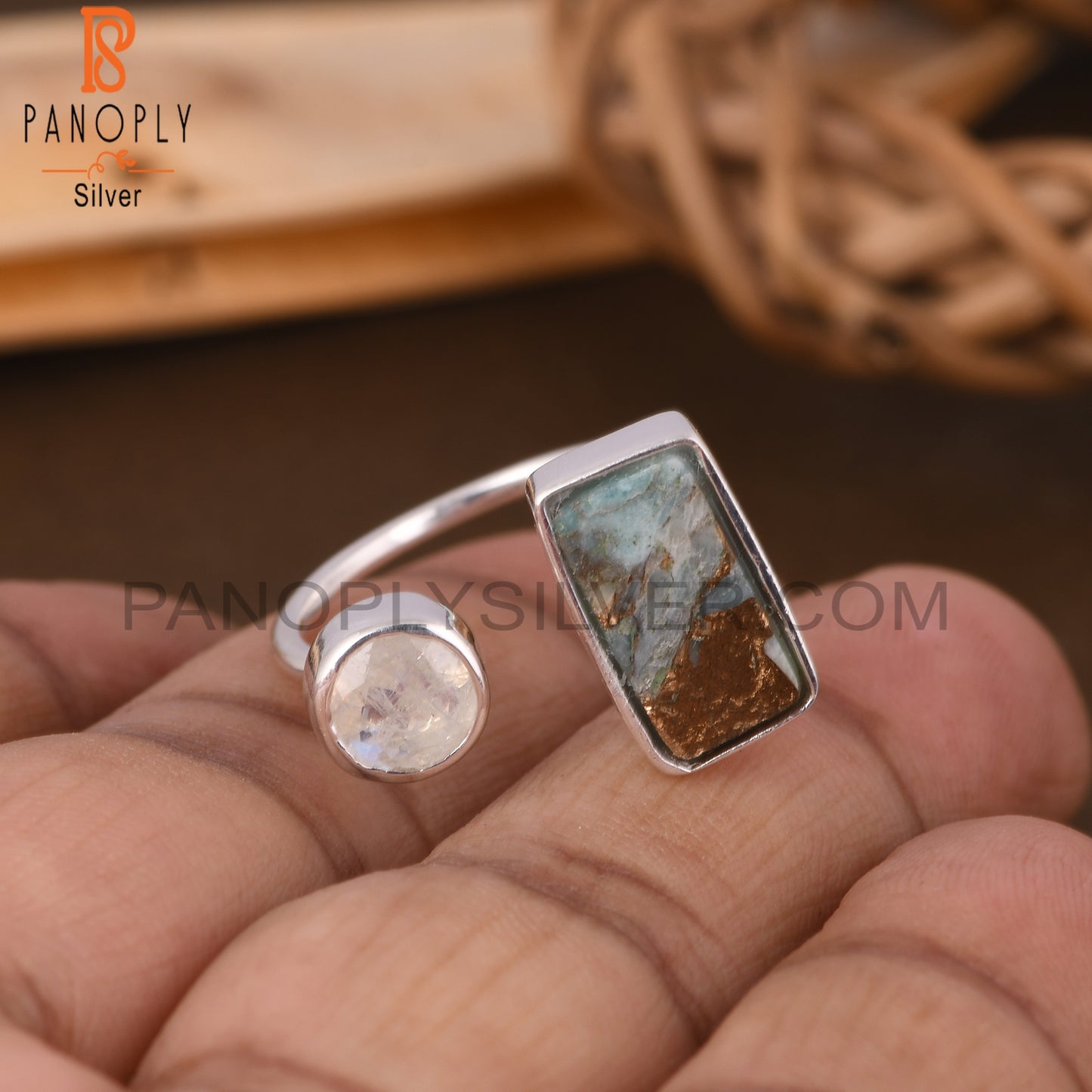 Mojave Copper Amazonite & Rainbow Moonstone 925 Ring