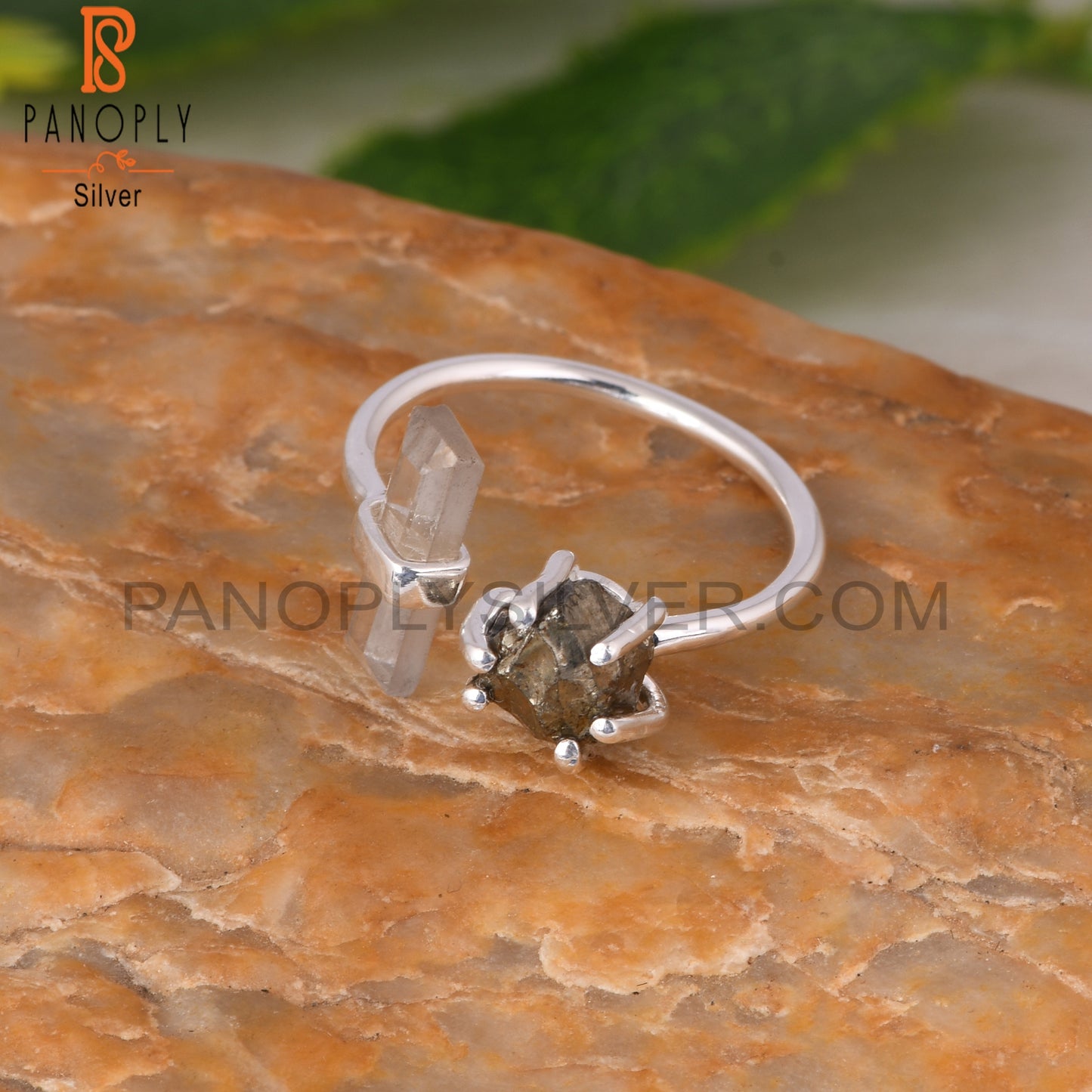 Pyrite & Crystal Quartz 925 Sterling Silver Ring