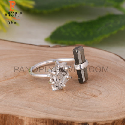 Pyrite & Herkimer Diamond 925 Sterling Silver Ring