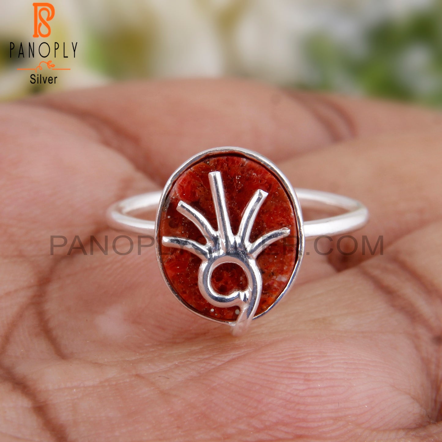 Sponge Coral Oval Ring 925 Sterling Silver Ring