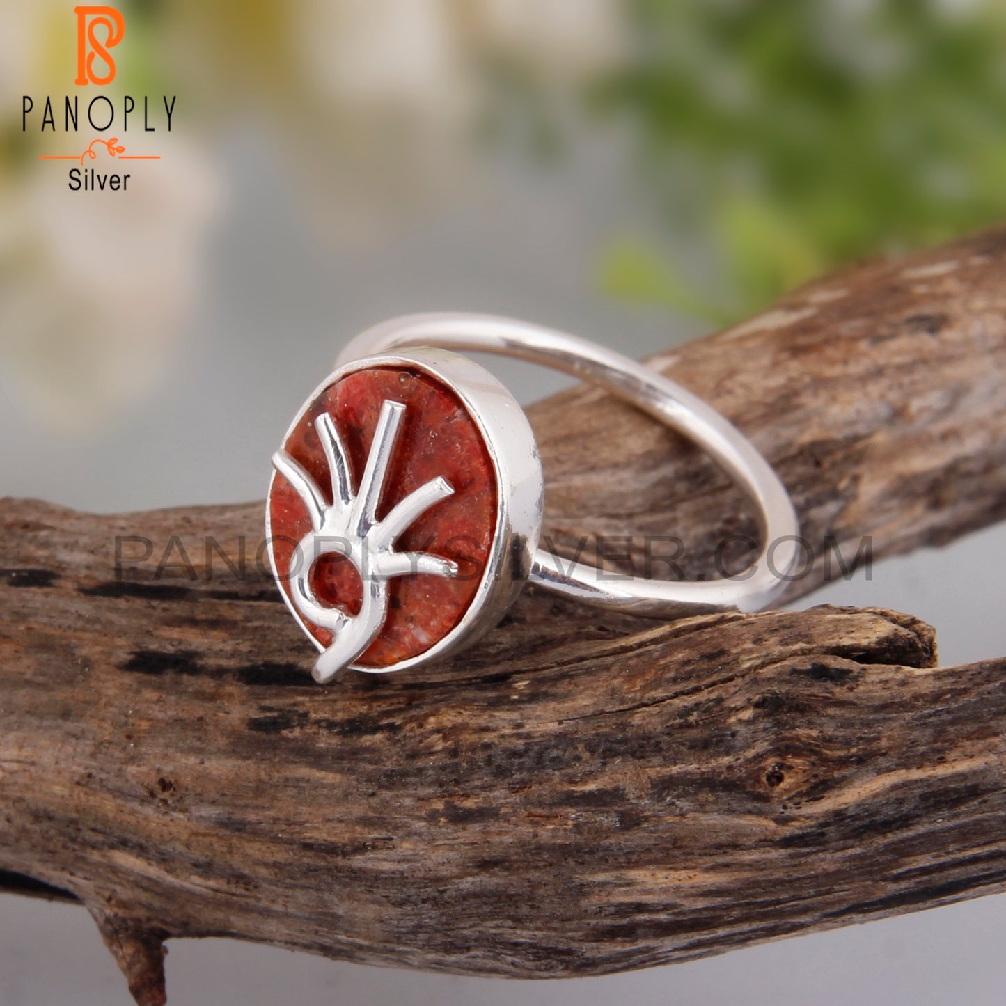Sponge Coral Oval Ring 925 Sterling Silver Ring
