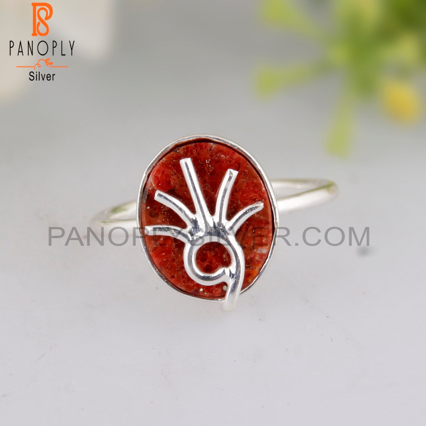 Sponge Coral Oval Ring 925 Sterling Silver Ring