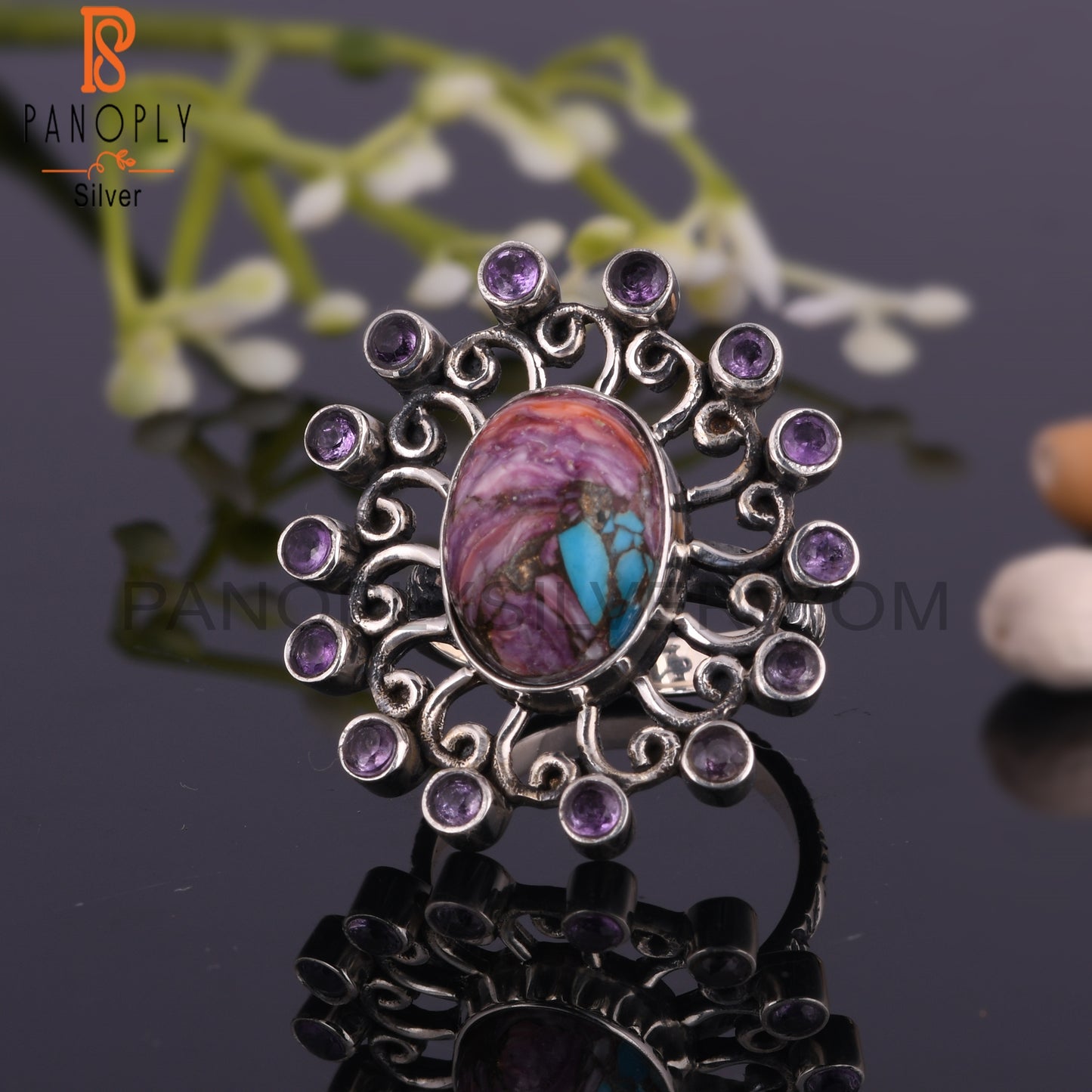Mojave Copper Purple Oyster Turquoise & Amethyst Silver Ring