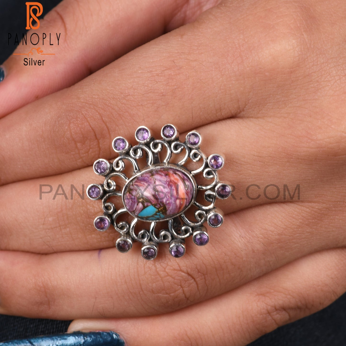 Mojave Copper Purple Oyster Turquoise & Amethyst Silver Ring