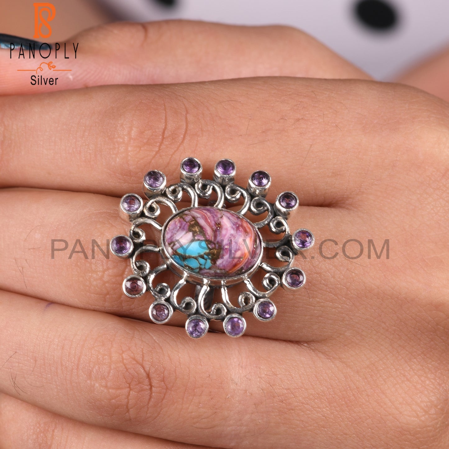 Mojave Copper Purple Oyster Turquoise & Amethyst Silver Ring
