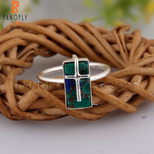 Mojave Copper Azurite Malachite Beguette 925 Silver Ring