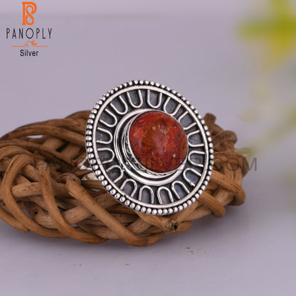 Sponge Coral Stone Round Shape 925 Sterling Silver New Ring