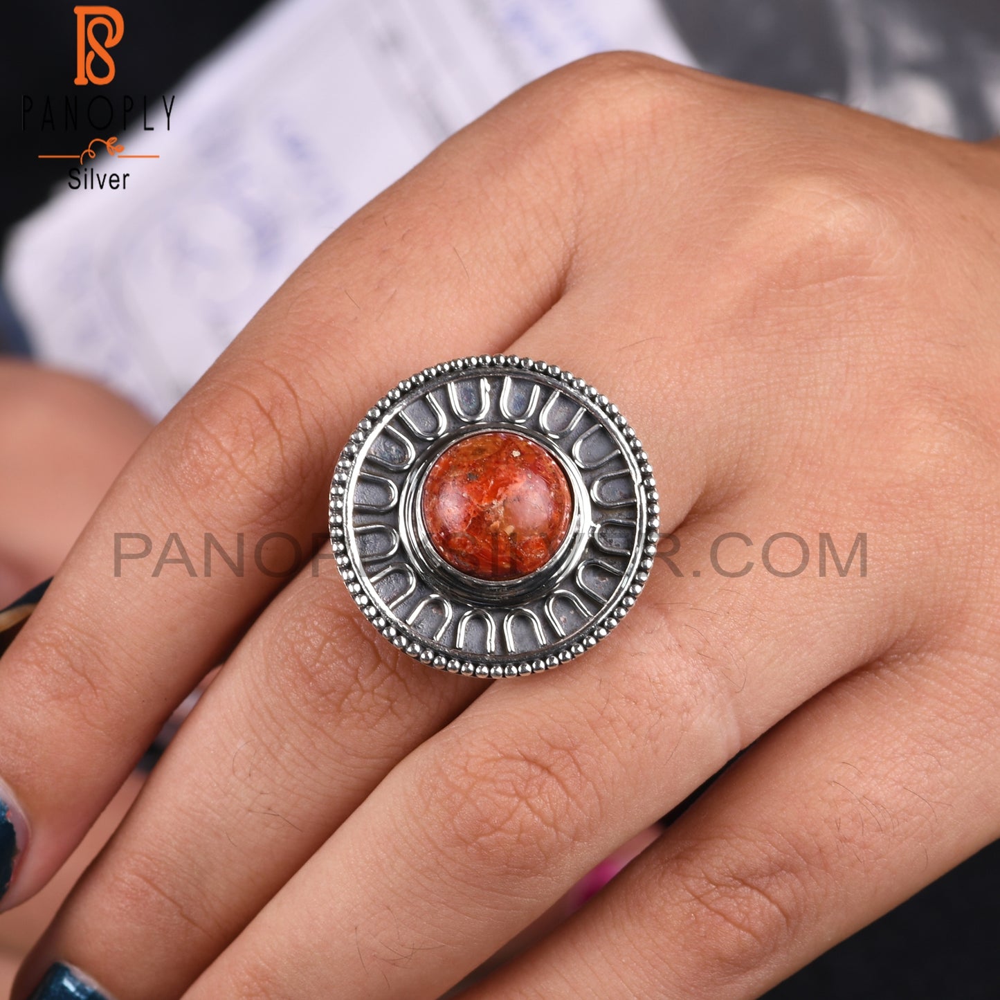 Sponge Coral Stone Round Shape 925 Sterling Silver New Ring