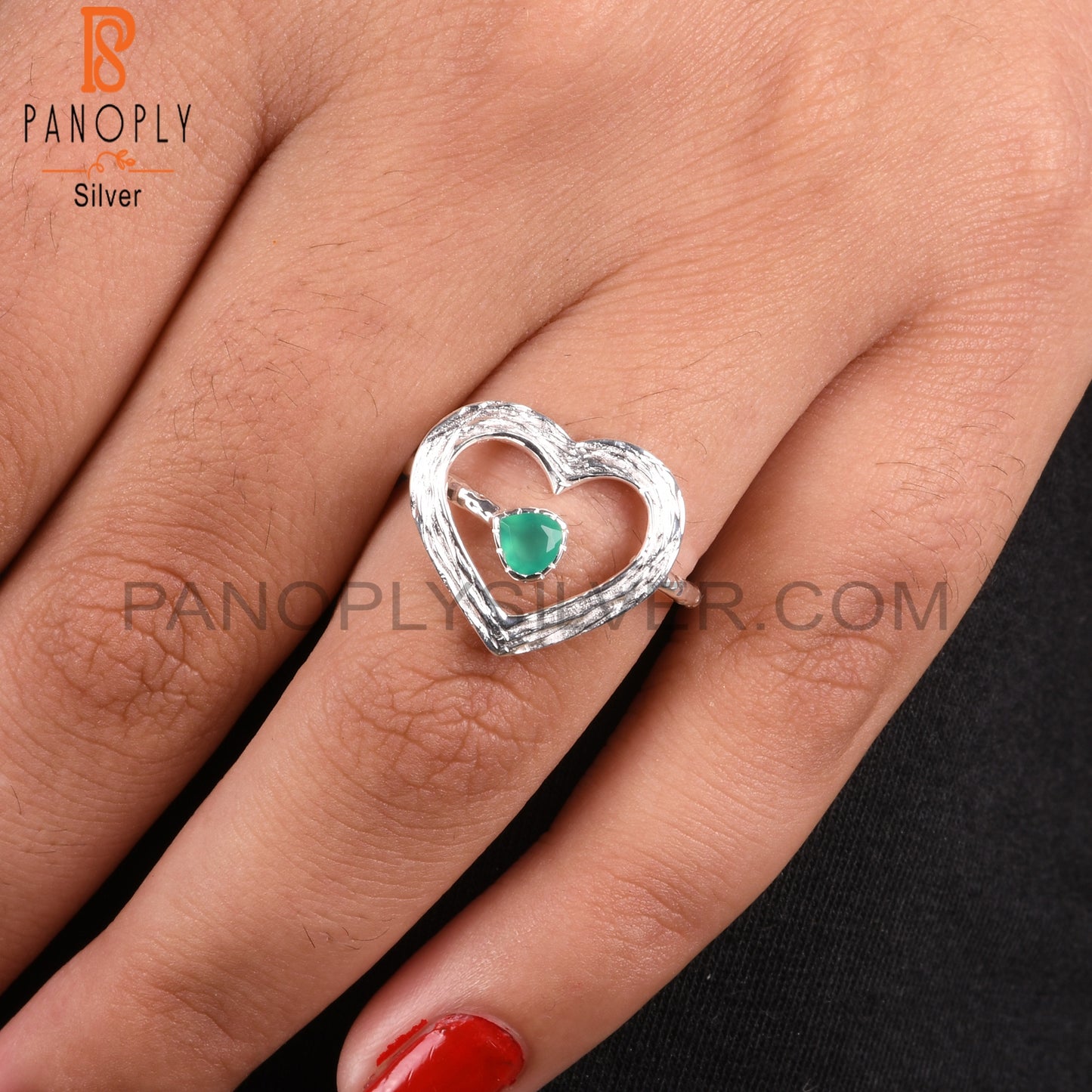 Green Onyx Heart Shape 925 Sterling Silver Ring