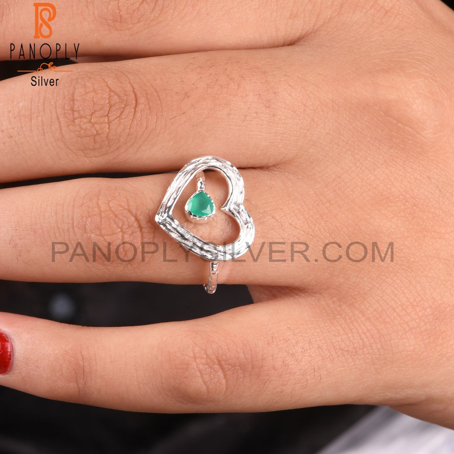 Green Onyx Heart Shape 925 Sterling Silver Ring