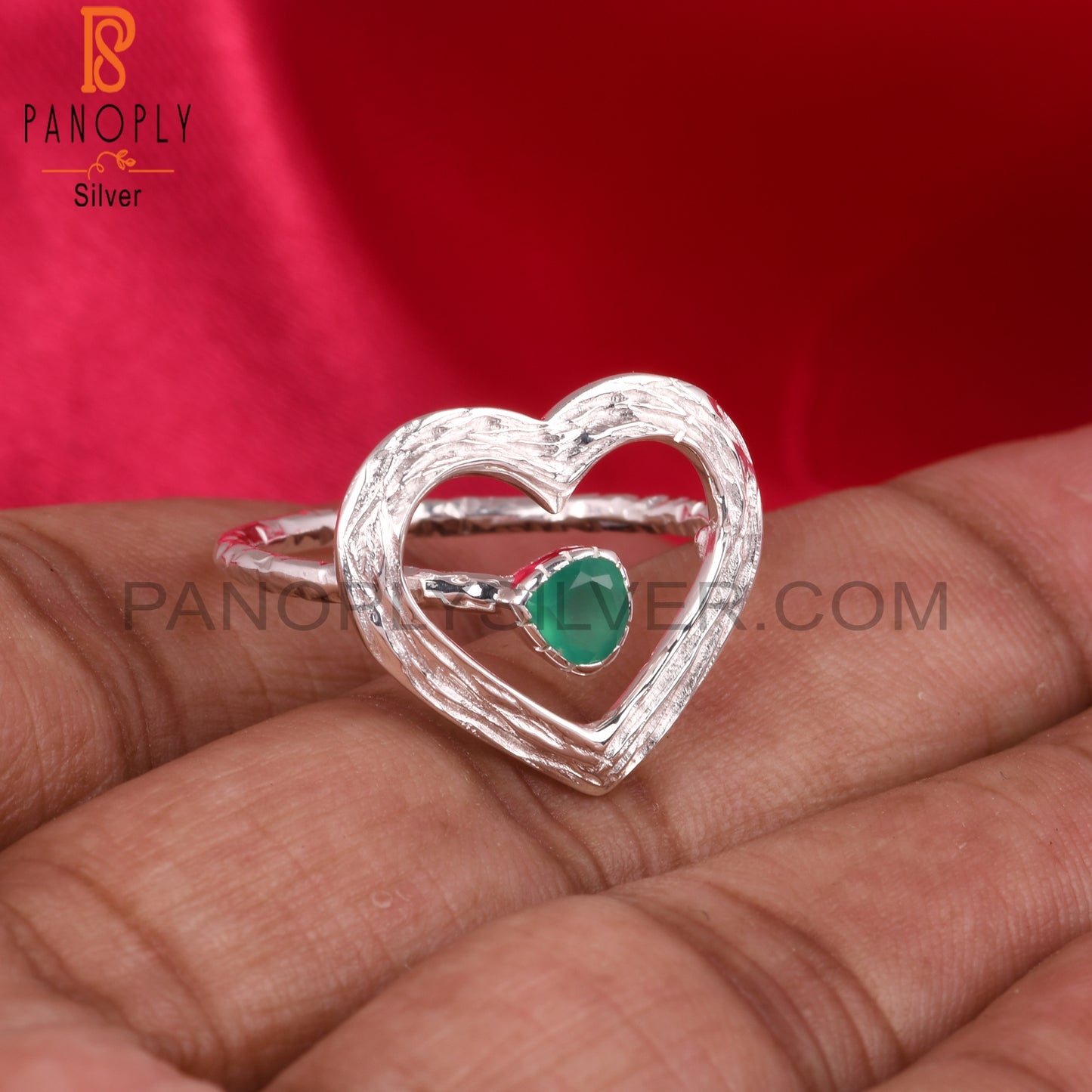 Green Onyx Heart Shape 925 Sterling Silver Ring