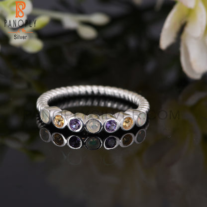 925 Sterling Silver Amethyst, Citrine & Ethiopian Opal Ring