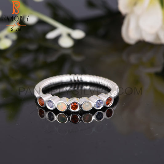 Garnet,Iolite & EthiopianOpal Shape 925 Silver Filigree Ring
