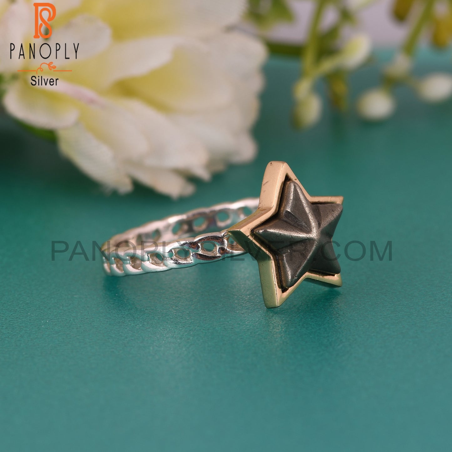 Pyrite Star Shape 925 Sterling Silver Twist Band Ring