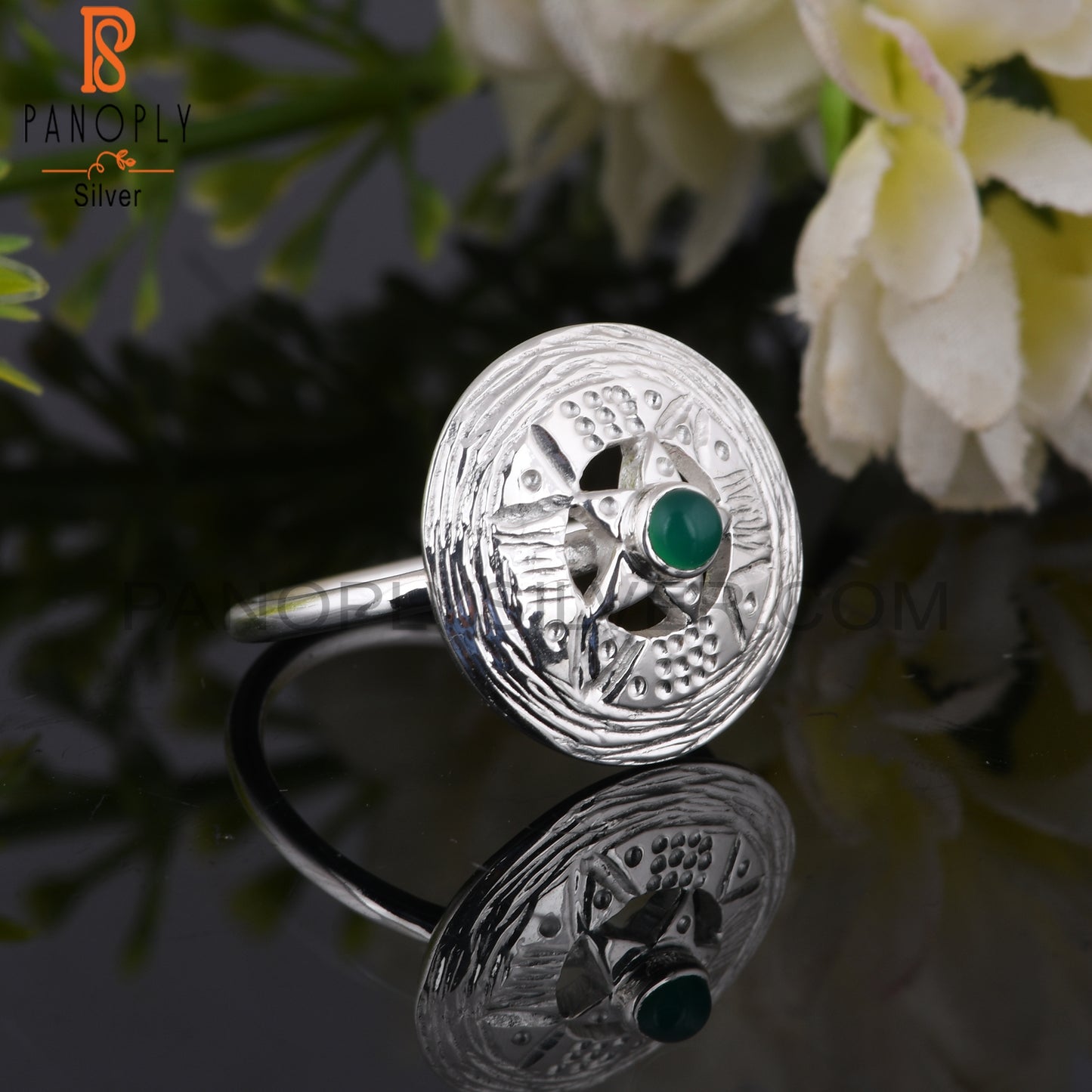 Green Onyx Hypoallergenic Chakra Round 925 Sterling Silver Ring