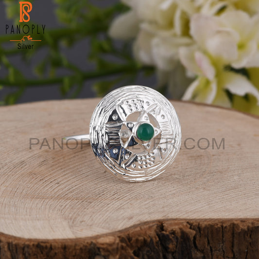Green Onyx Hypoallergenic Chakra Round 925 Sterling Silver Ring