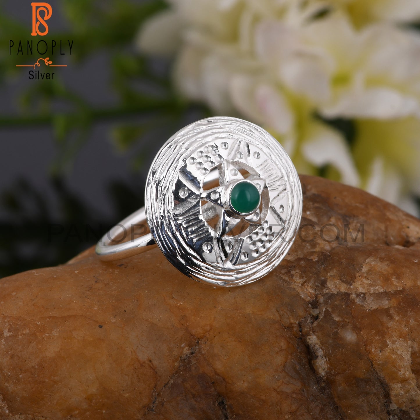 Green Onyx Hypoallergenic Chakra Round 925 Sterling Silver Ring