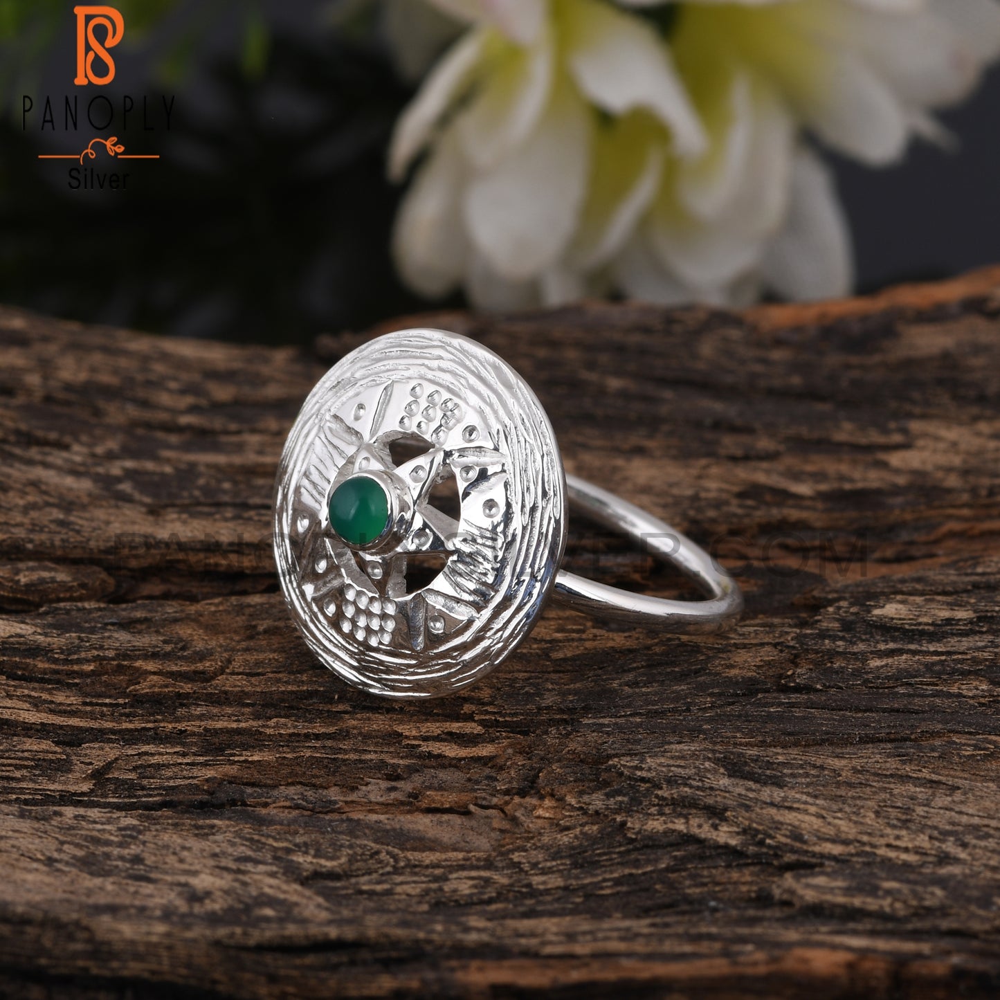 Green Onyx Hypoallergenic Chakra Round 925 Sterling Silver Ring