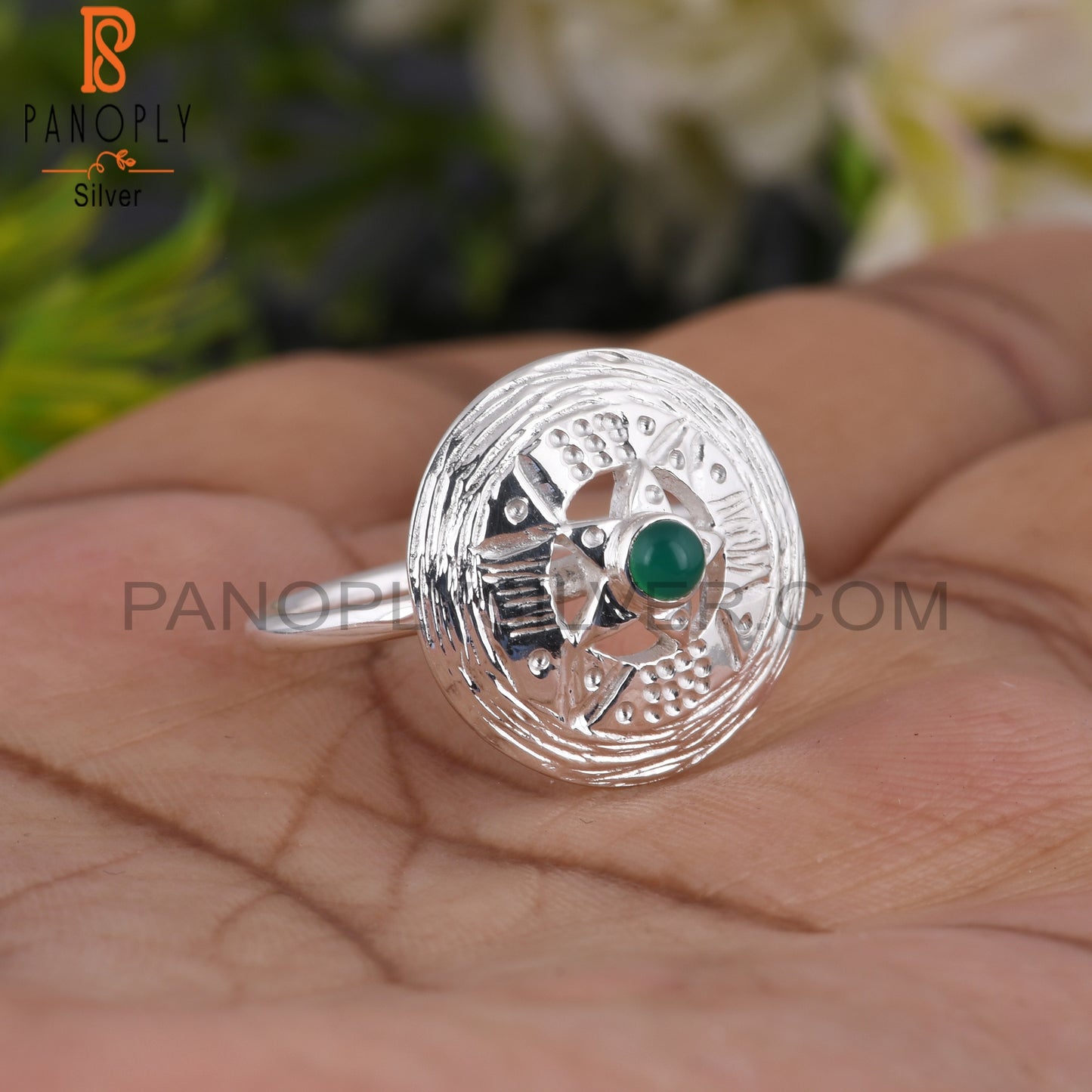 Green Onyx Hypoallergenic Chakra Round 925 Sterling Silver Ring