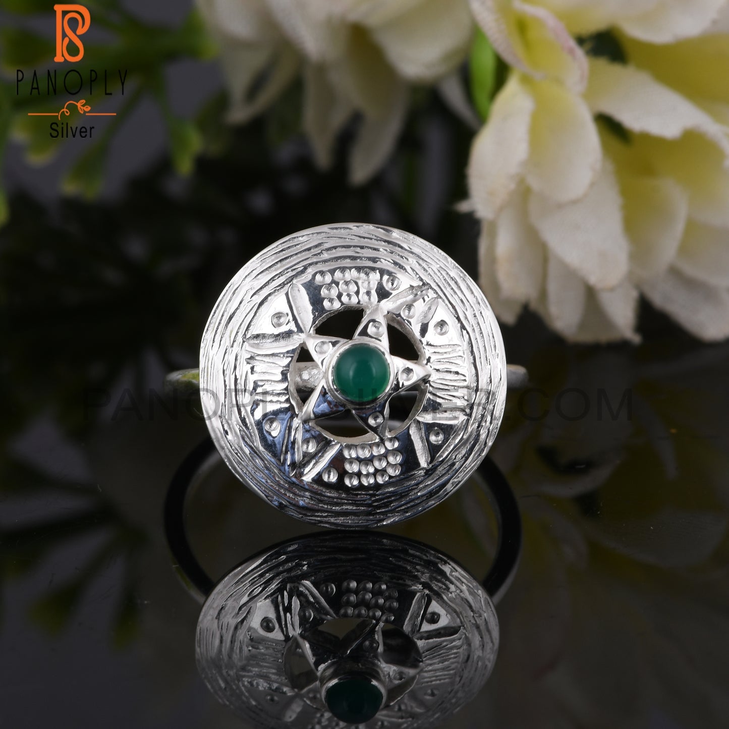 Green Onyx Hypoallergenic Chakra Round 925 Sterling Silver Ring