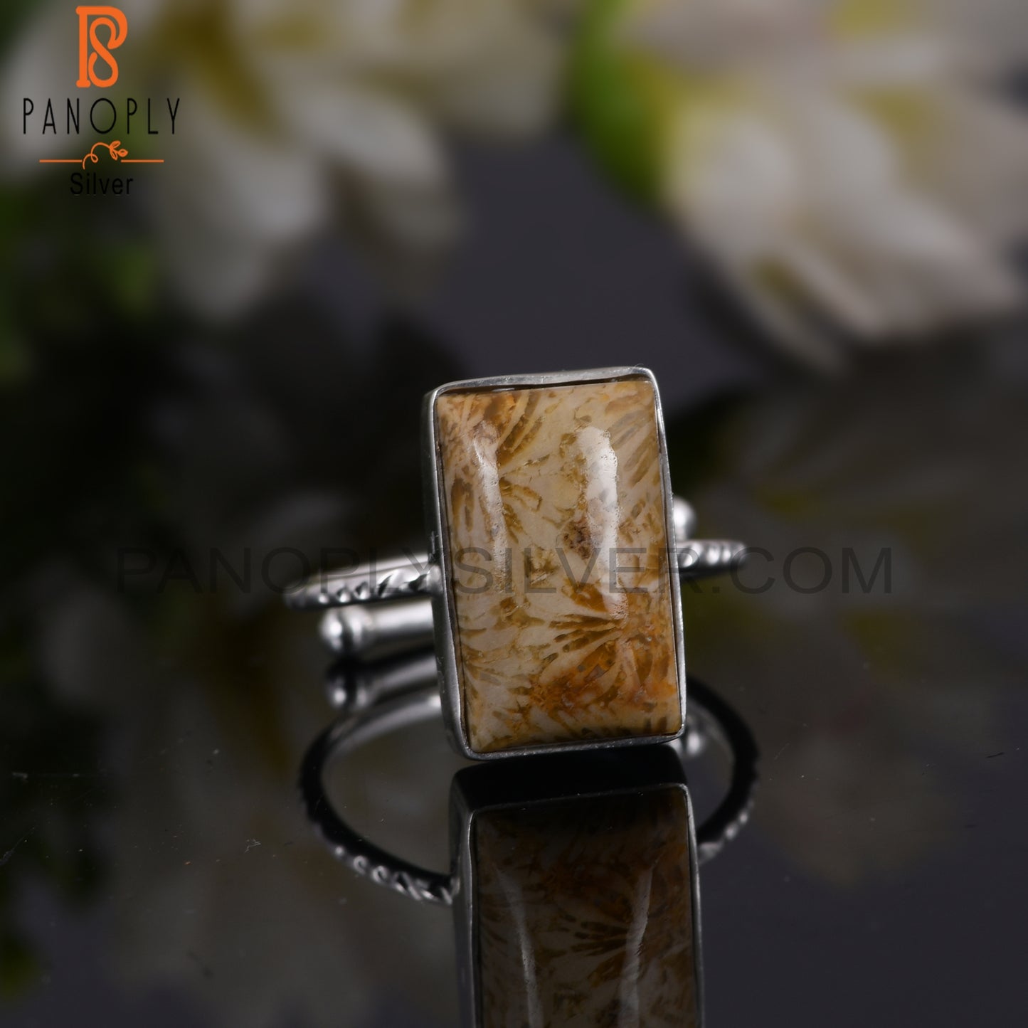 Fossil Coral 925 Sterling Silver Beguette Shape Ring