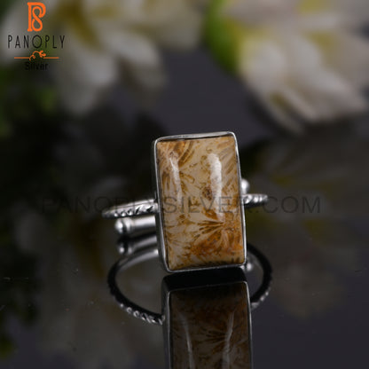 Fossil Coral 925 Sterling Silver Beguette Shape Ring