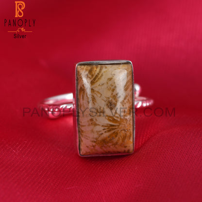 Fossil Coral 925 Sterling Silver Beguette Shape Ring