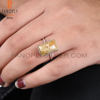 Fossil Coral 925 Sterling Silver Beguette Shape Ring