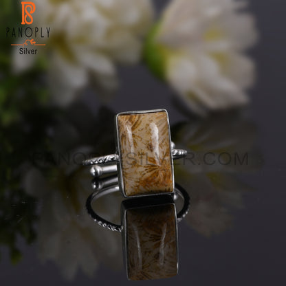 Fossil Coral 925 Sterling Silver Beguette Shape Ring