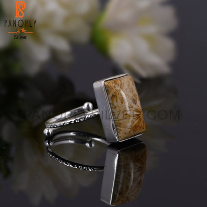 Fossil Coral 925 Sterling Silver Beguette Shape Ring