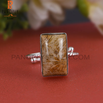 Fossil Coral 925 Sterling Silver Beguette Shape Ring