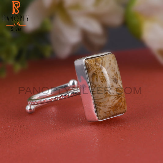 Fossil Coral 925 Sterling Silver Beguette Shape Ring