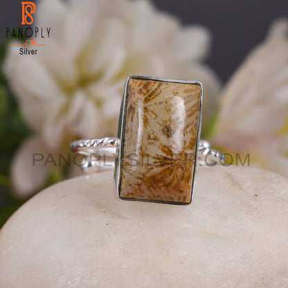 Fossil Coral 925 Sterling Silver Beguette Shape Ring